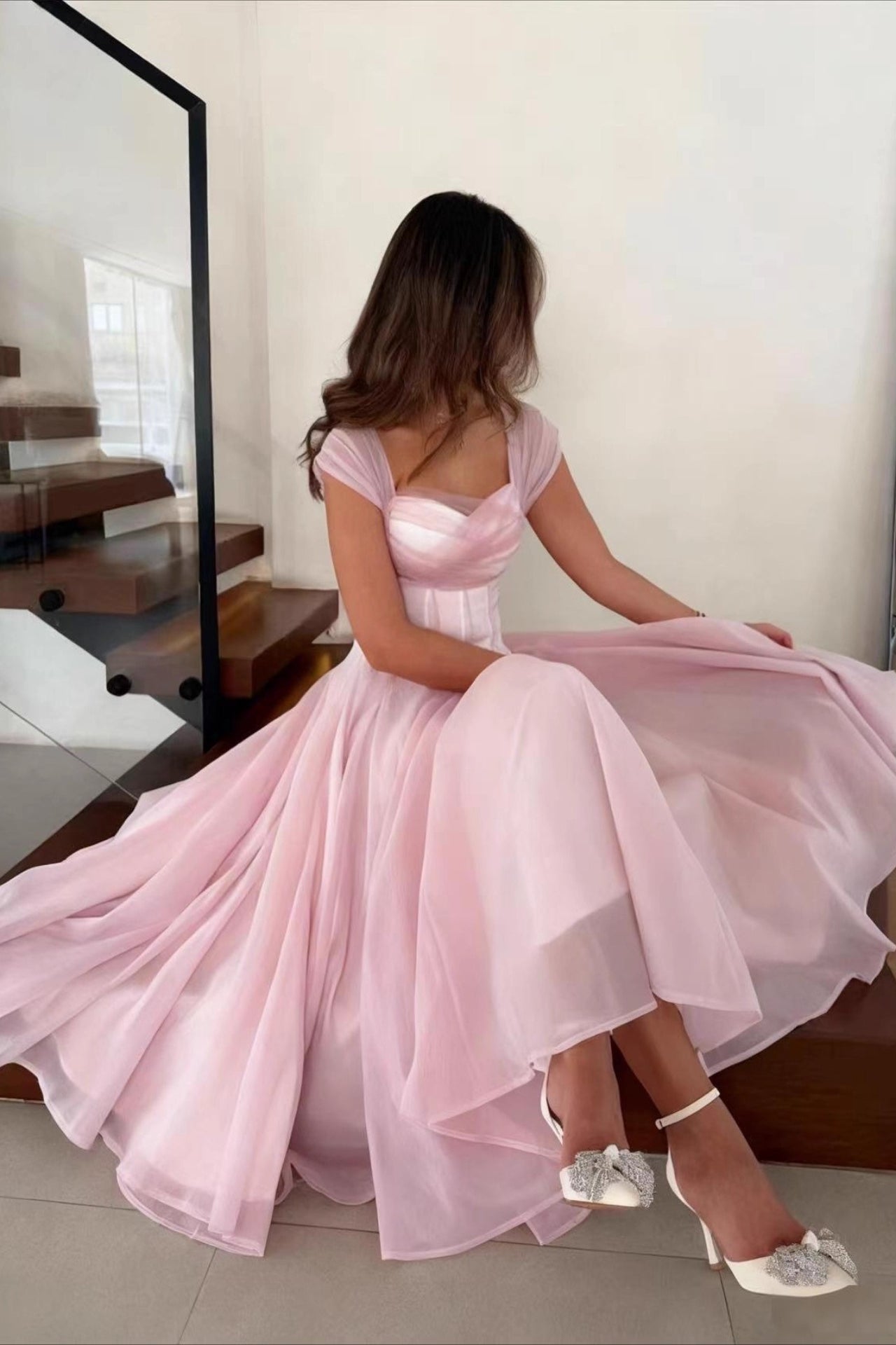 Cap Sleeve Sweetheart Corset Organza A-Line Midi Prom Dress