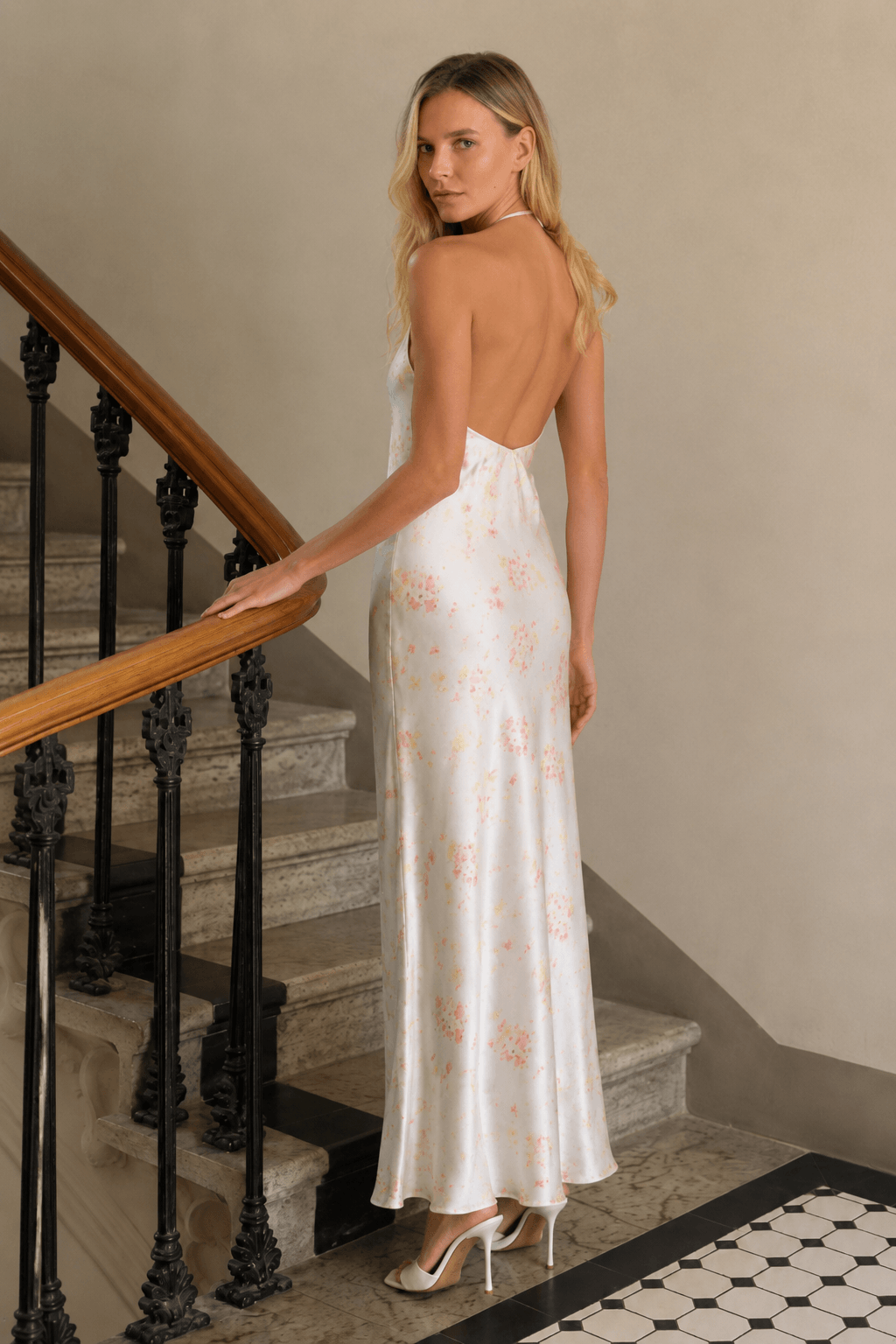 Satin U Neck Halter Backless Slim Floral Dress