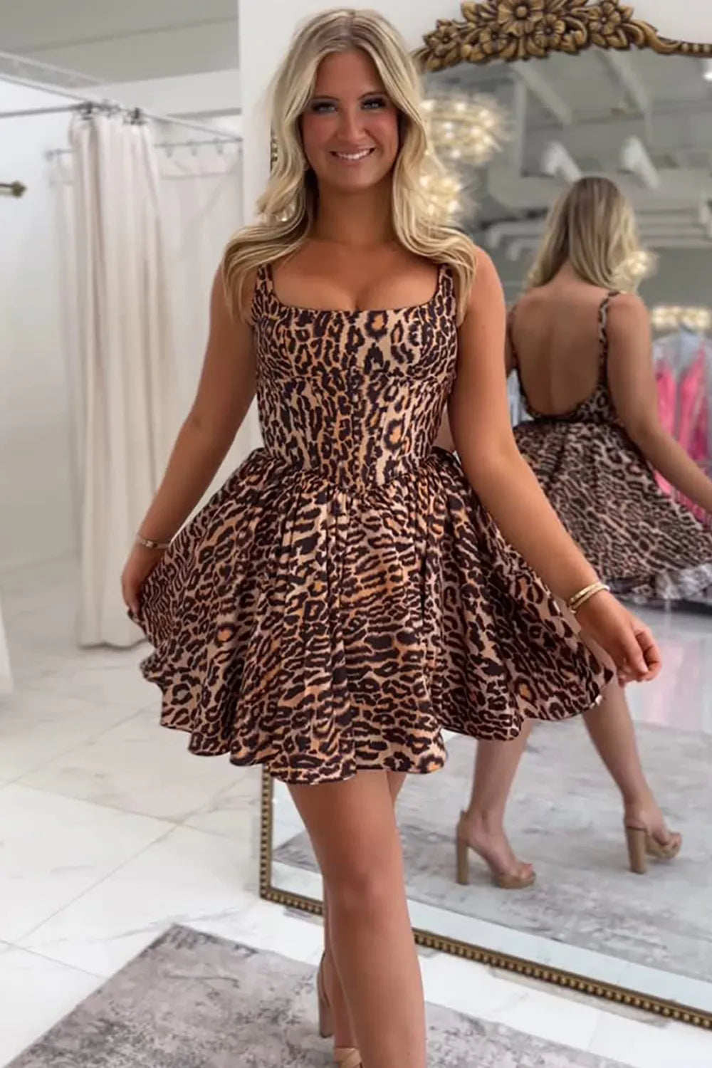 New A Line Square Neck Leopard Print Brown Short Homecoming Dress with Open Back