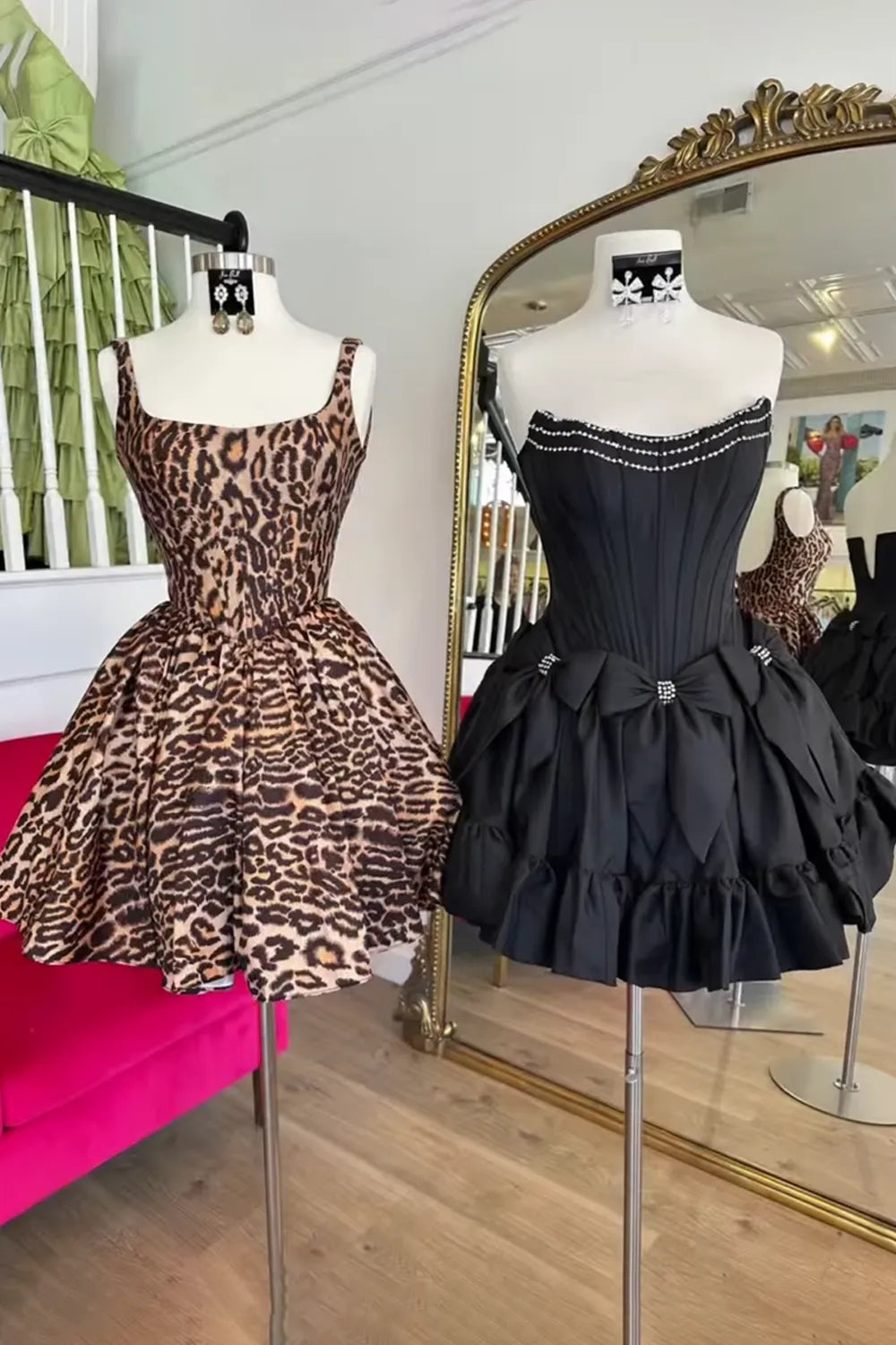 New A Line Square Neck Leopard Print Brown Short Homecoming Dress with Open Back