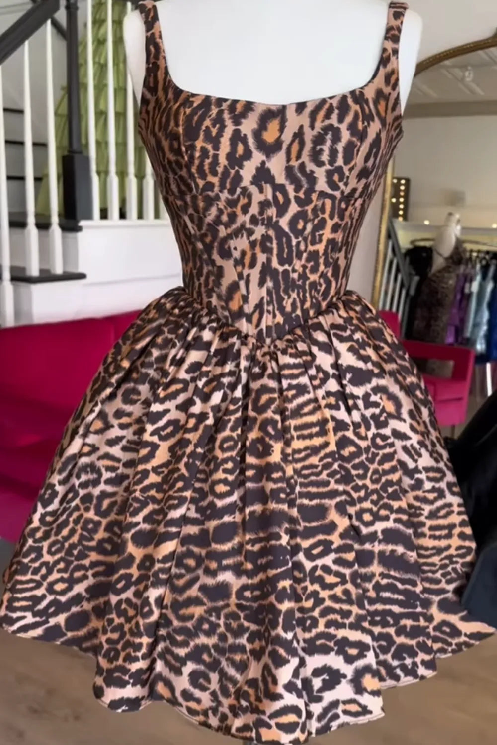 New A Line Square Neck Leopard Print Brown Short Homecoming Dress with Open Back