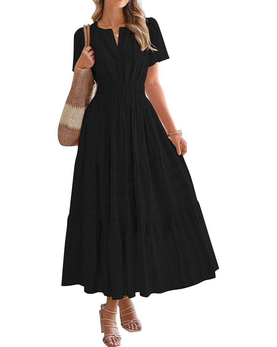 Limited time sale🔥Womens Summer Lightweight Short Sleeve Midi Maxi Dresses(BUY 2 FREE SHIPPING) BLACK S