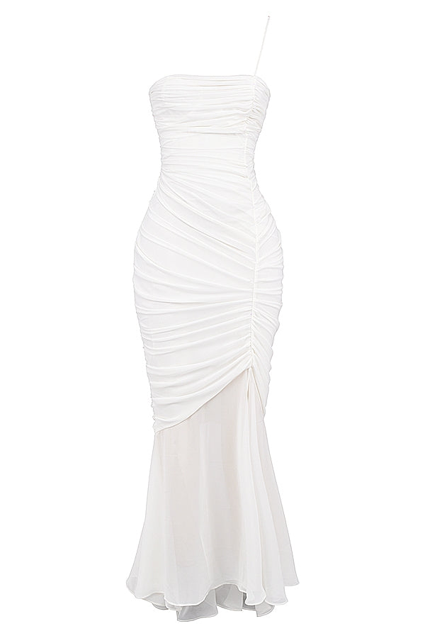 Ruched Mesh Asymmetric Neck Front Split Mermaid Maxi Dress 14
