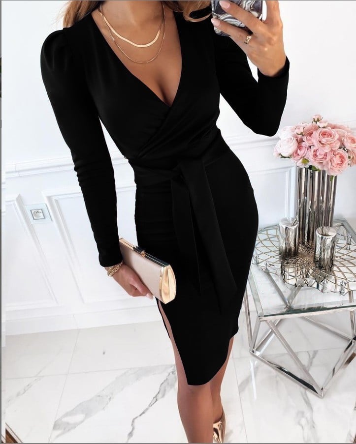 Eva | Stylish V-Neck Tie Straps Midi Dress Black
