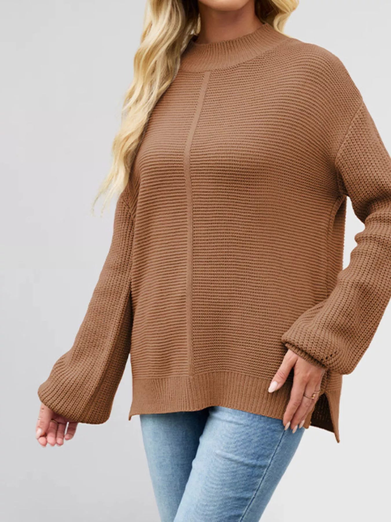 Ribbed Mock Neck Drop Shoulder Sweater