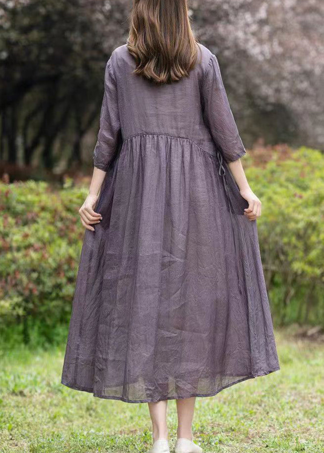 Crinkled Textured Empire Waist Three Quarter Sleeve Embroidered Floral Midi Dress