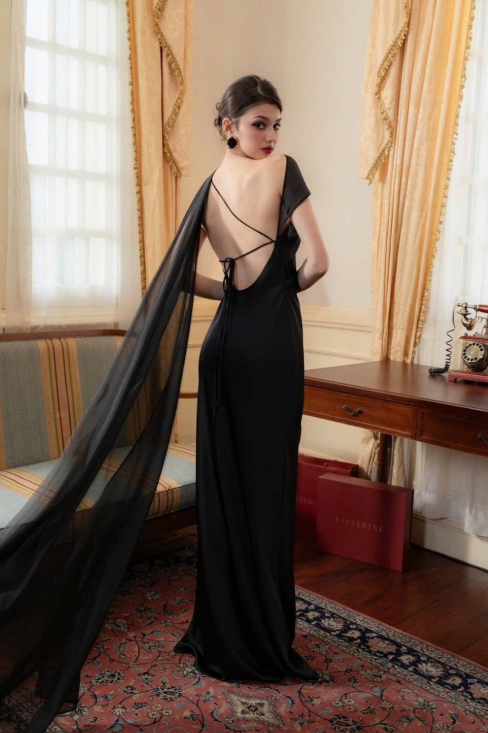 Satin One Shoulder Draped Cape Sheath Gown