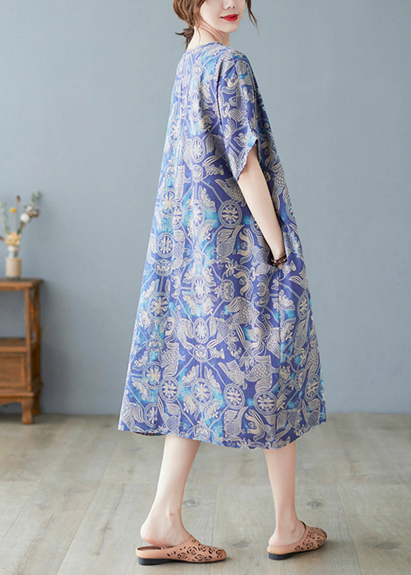 Crane Print V-Neck Short Sleeve Drop Shoulder Oversized Shift Midi Dress