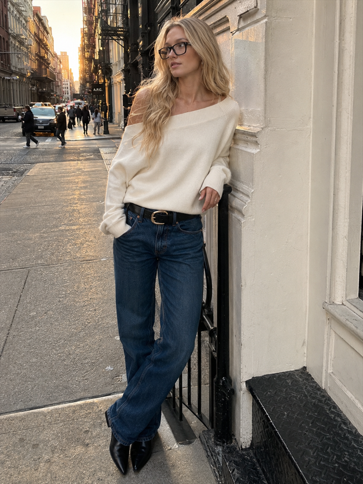Off Shoulder Fitted Knit Sweater