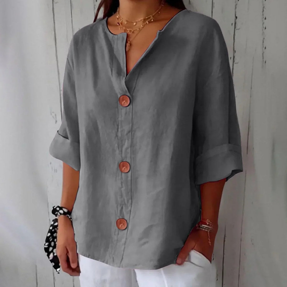 Button Front Notch Neck Half Sleeve Linen Blouse