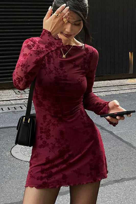 Floral Mesh Boat Neck Long Sleeve Bodycon Mini Dress