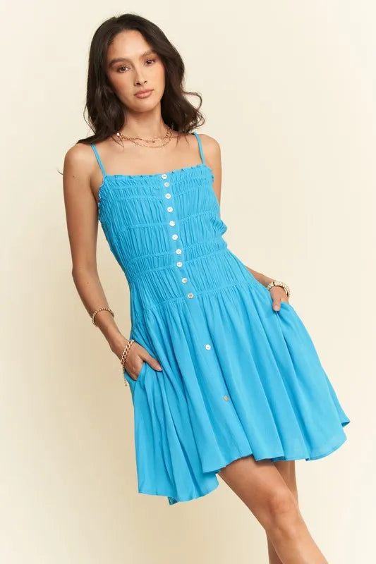 Davi & Dani Smocking Bodice Sleeveless Button Down Mini Dress