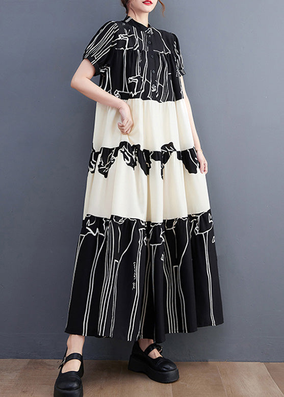 Graphic Print Tiered Mandarin Collar Short Sleeve Button Front Maxi Dress