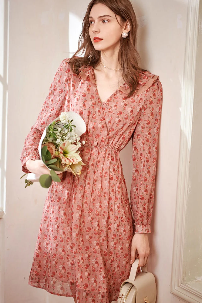 Floral Print Deep V-Neck Ruffle Trim Long Sleeve Fit and Flare Midi Dress