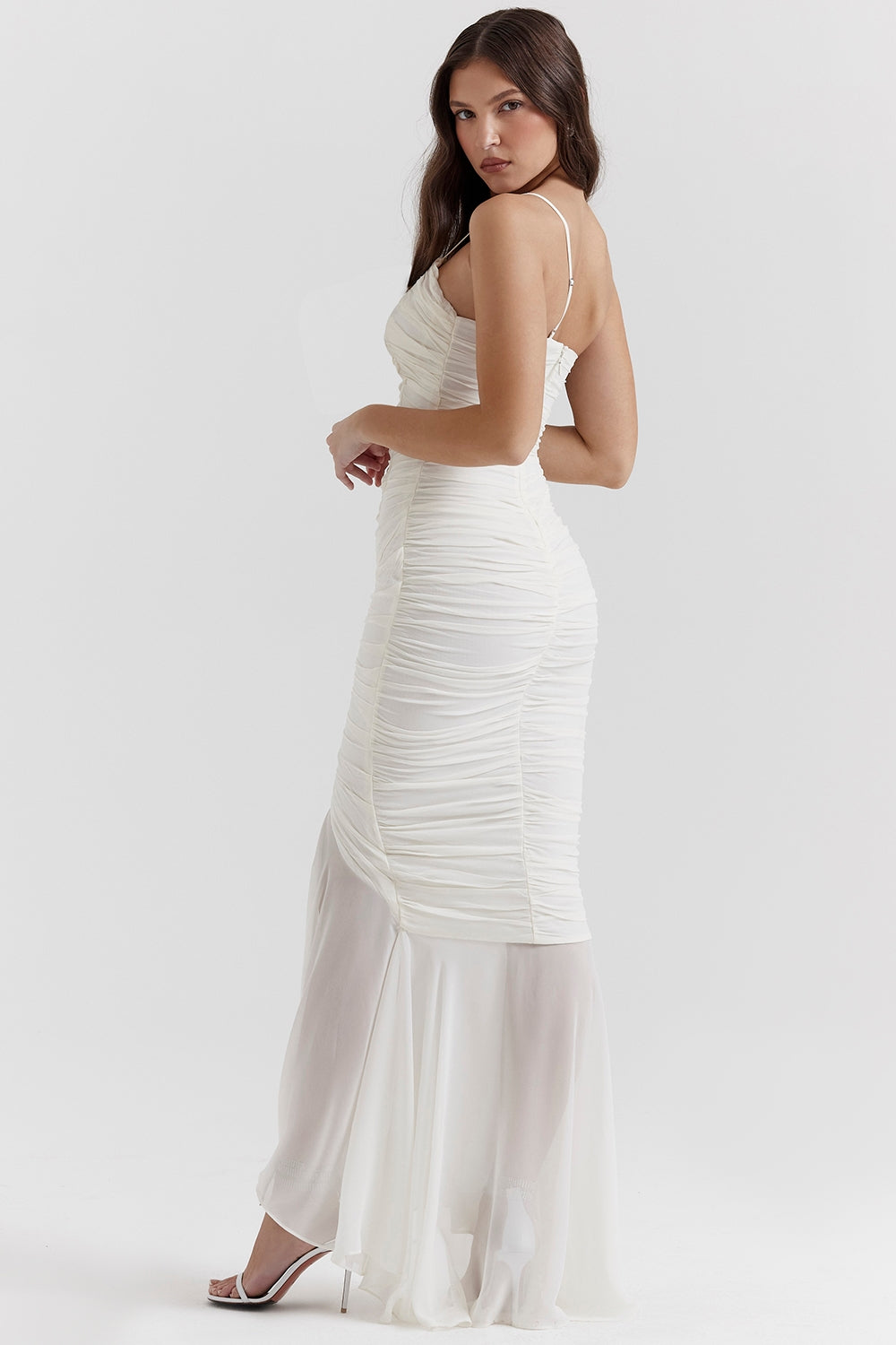 Ruched Mesh Asymmetric Neck Front Split Mermaid Maxi Dress 7