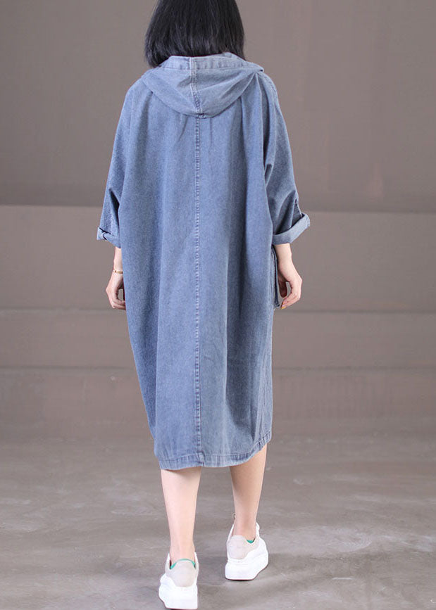 Hooded Denim Button Front Patch Pocket Oversized Long Sleeve Midi Dress