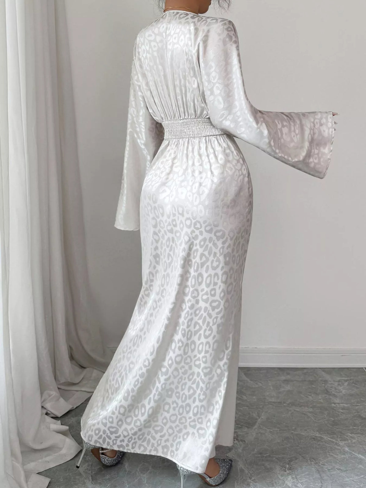 Leopard Satin Jacquard Surplice Long Sleeve Side Split Maxi Dress 5