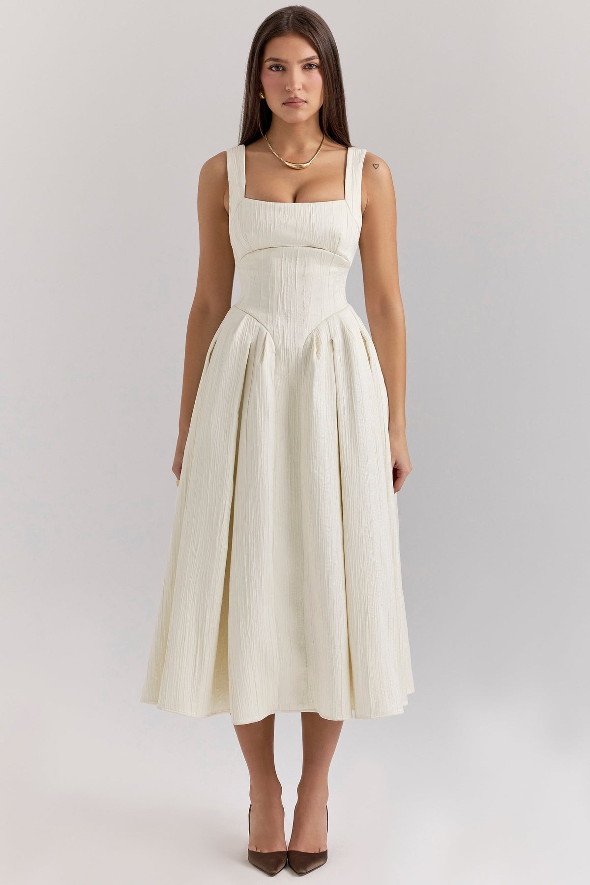 Textured Satin Square Neck Corset Bodice Pleated A-Line Midi Dress 3