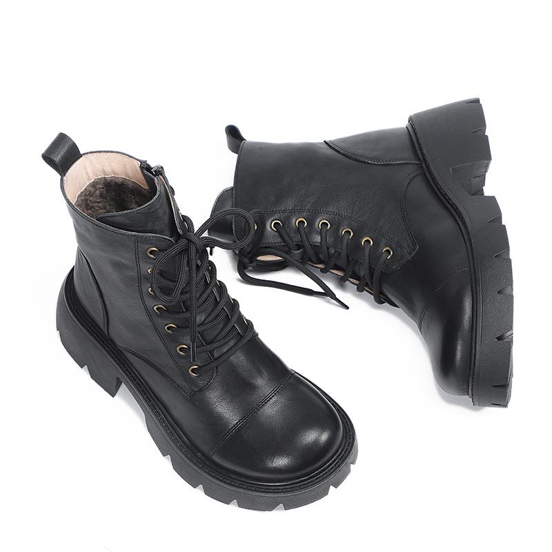 Genuine Leather Boots Lace-Up Combat Boots Retro Chunky Ankle Boots
