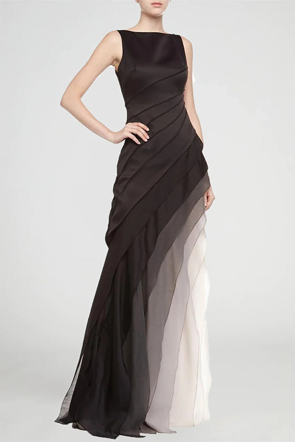 Sleeveless Boat Neck Ombre Tiered Diagonal Panel Maxi Gown