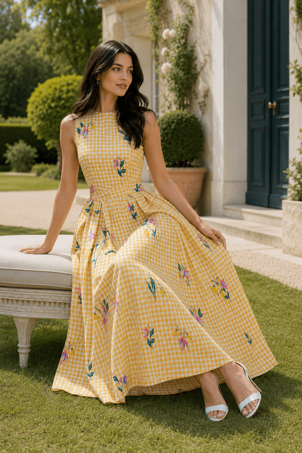 Vintage Heavy Floral Embroidery Tie Waist Sleeveless Long Floral Dress