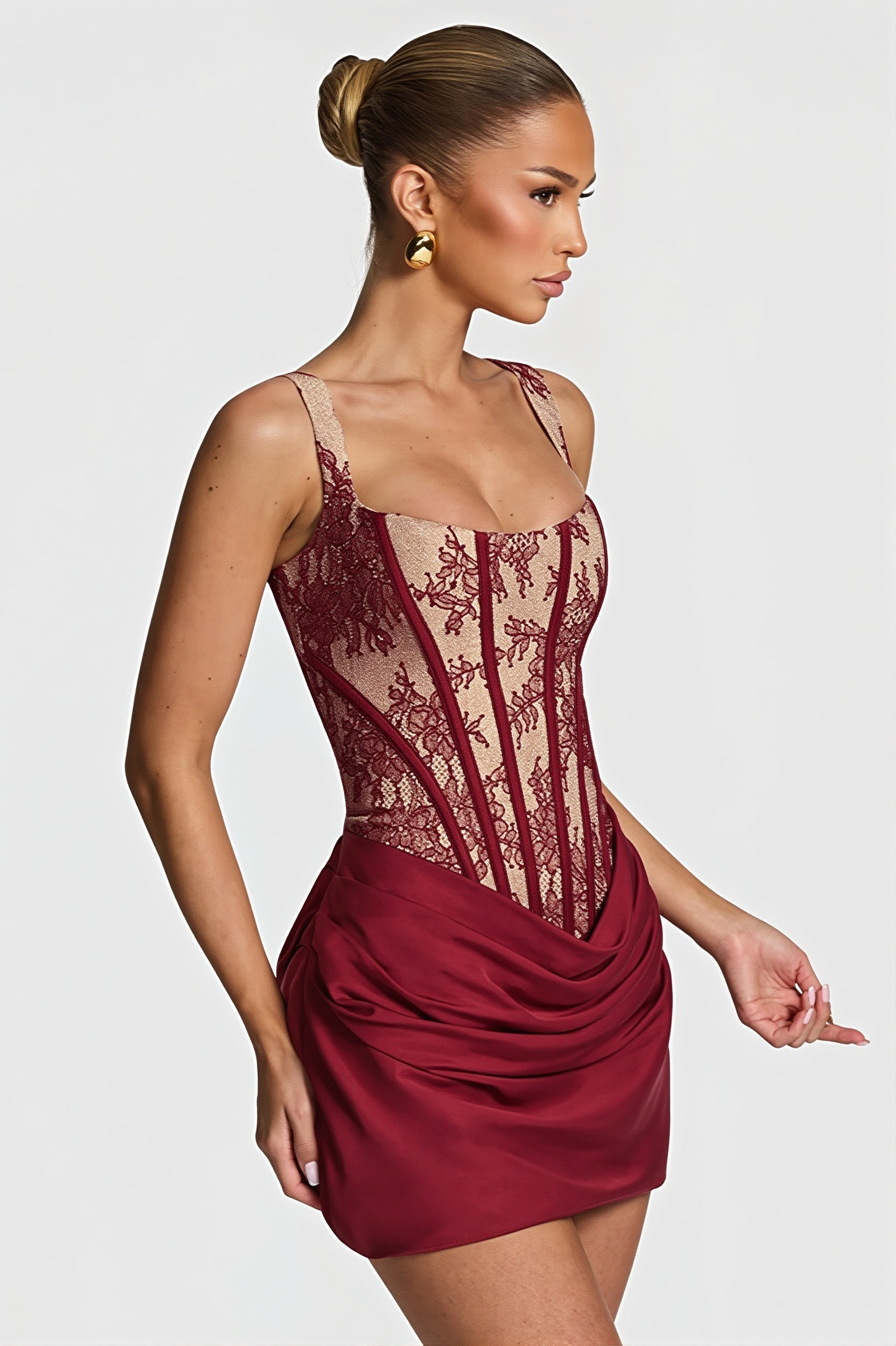 Elegant Lace Fishbone Ruched Mini Dress - View 3
