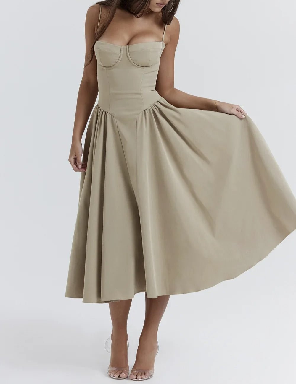 Spaghetti Strap Sweetheart Corset Fit and Flare Midi Dress