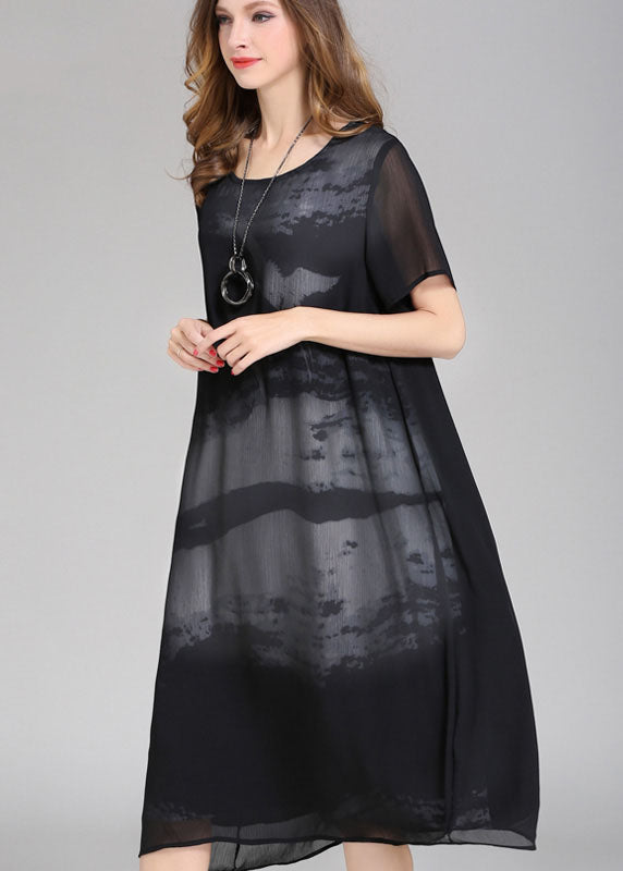 Abstract Brushstroke Print Short Sleeve Sheer Chiffon Shift Midi Dress
