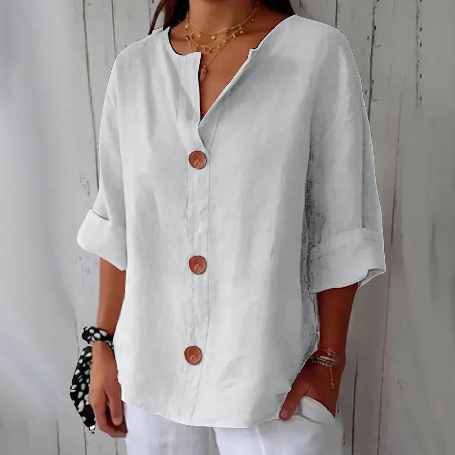 Button Front Notch Neck Half Sleeve Linen Blouse