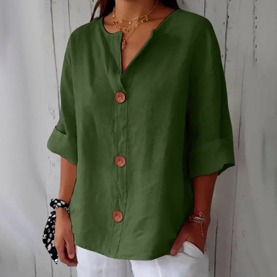 Button Front Notch Neck Half Sleeve Linen Blouse
