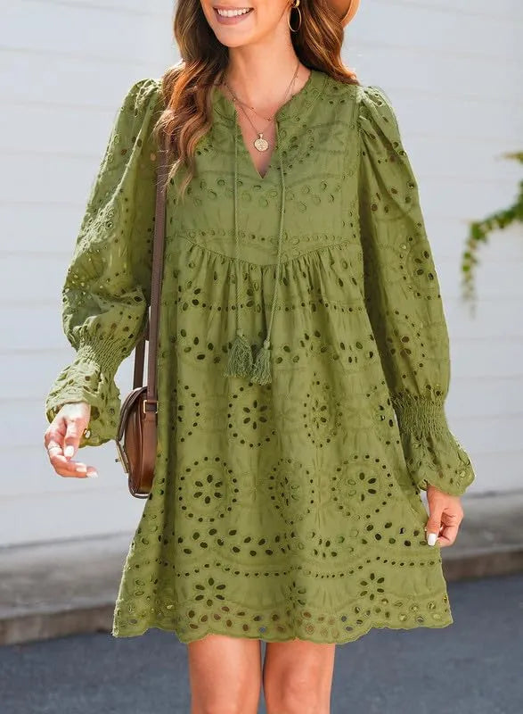 Kirelle - Breathable V-Neck Skirt Dress Dark Green