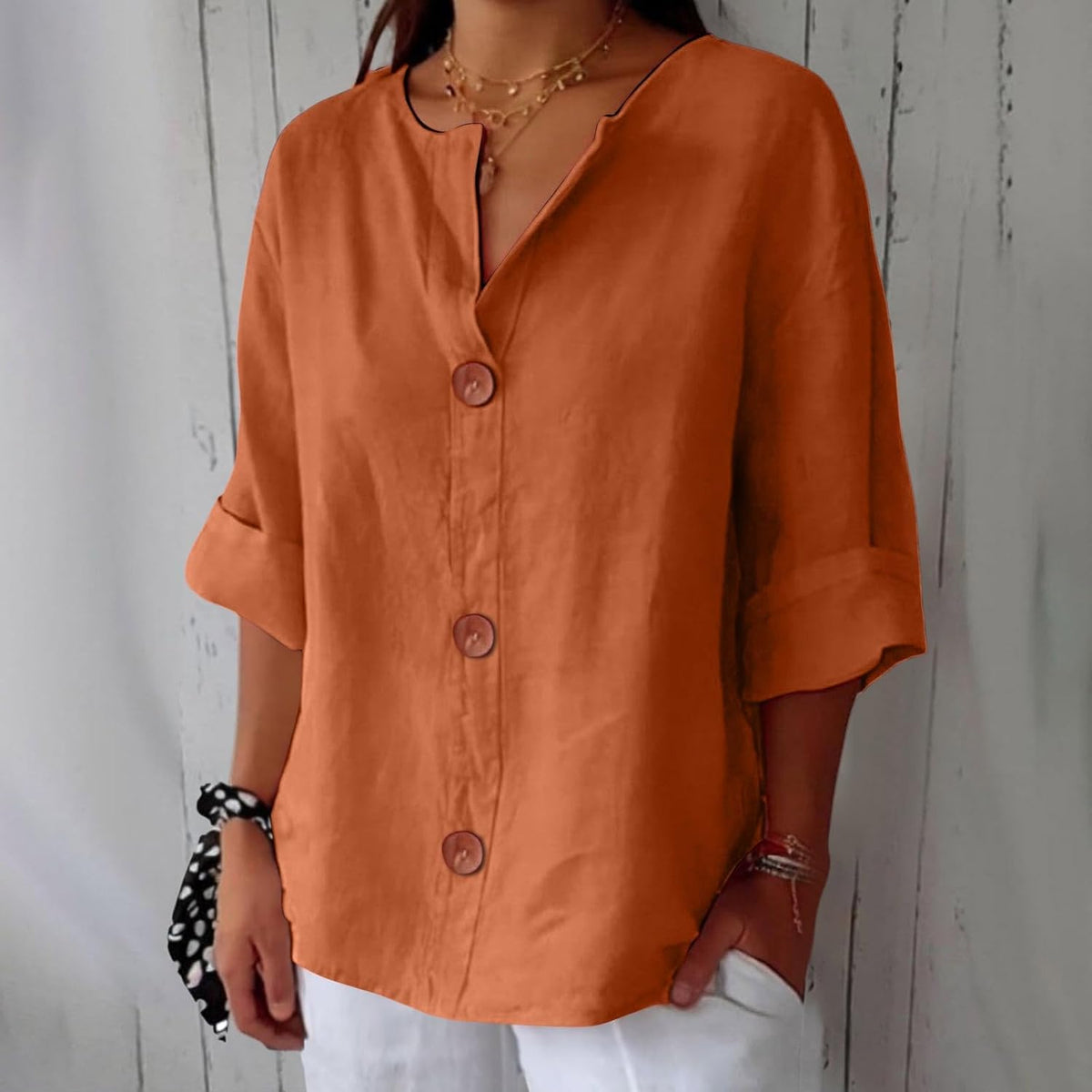 Split Neck Roll Sleeve Button Front Blouse