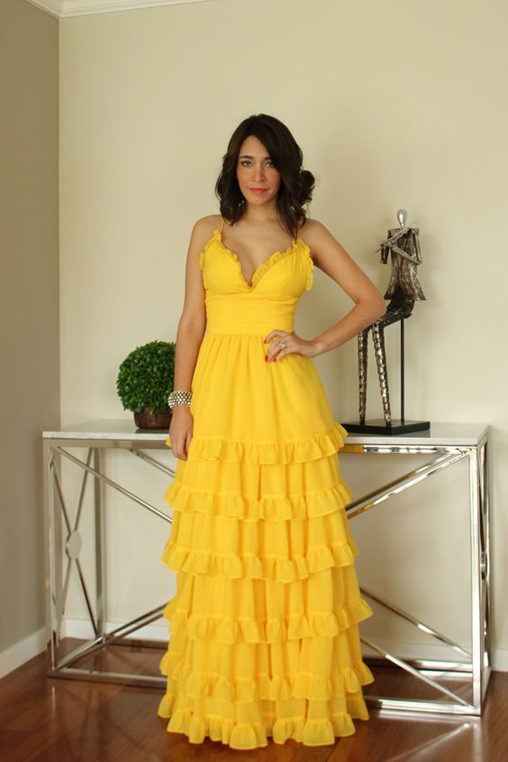Charming Yellow A-line Tiered Ruffle Prom Dress,Yellow Graduation Dress cc1289
