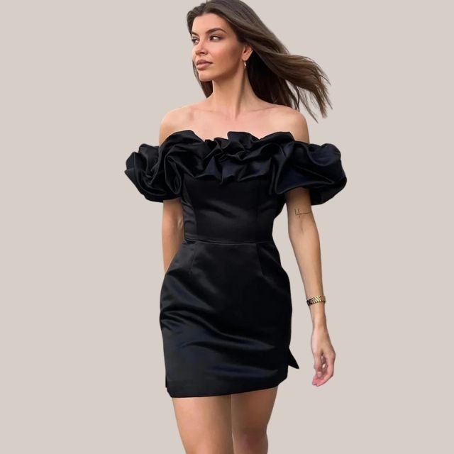 Satin Off Shoulder Dramatic Ruffle Bodycon Cocktail Mini Dress