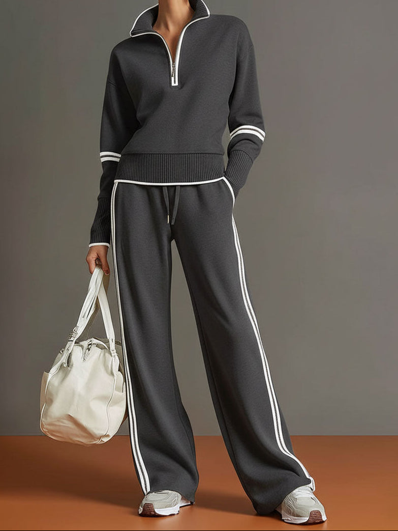 Quarter Zip Contrast Trim Pullover and Wide Leg Pants Two Piece Set