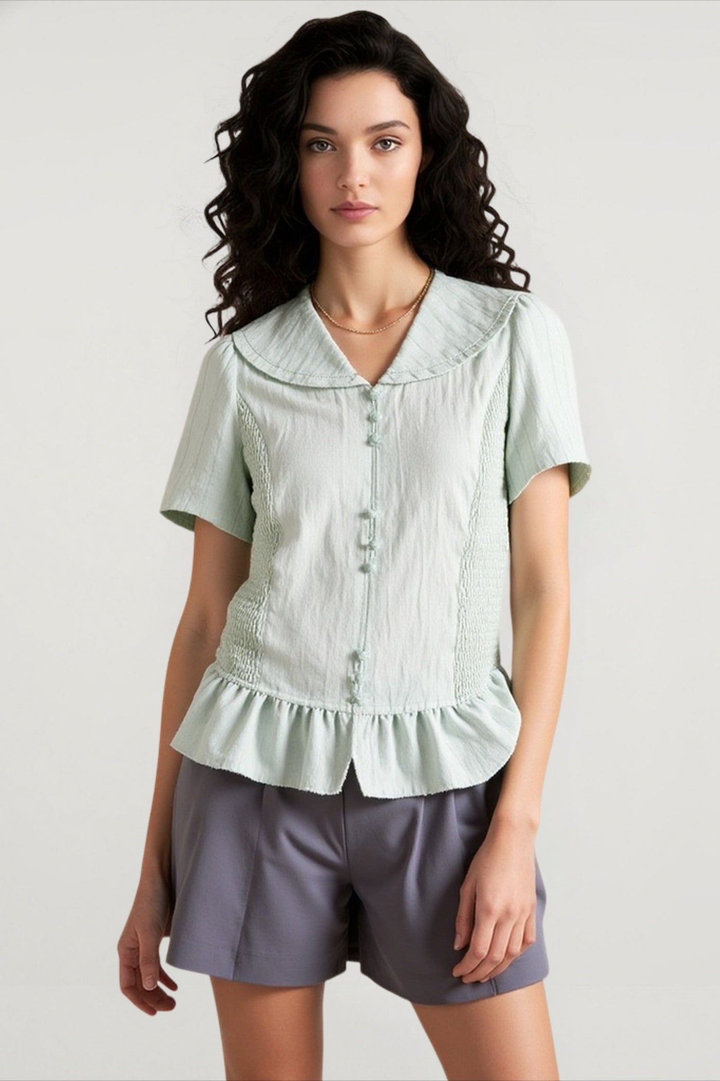 Linen Stripe V Neck Tie Waist Blouse
