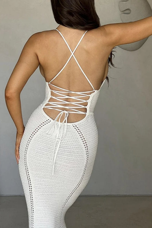 Backless Tie Up Knitted Hollow Out Maxi Dress