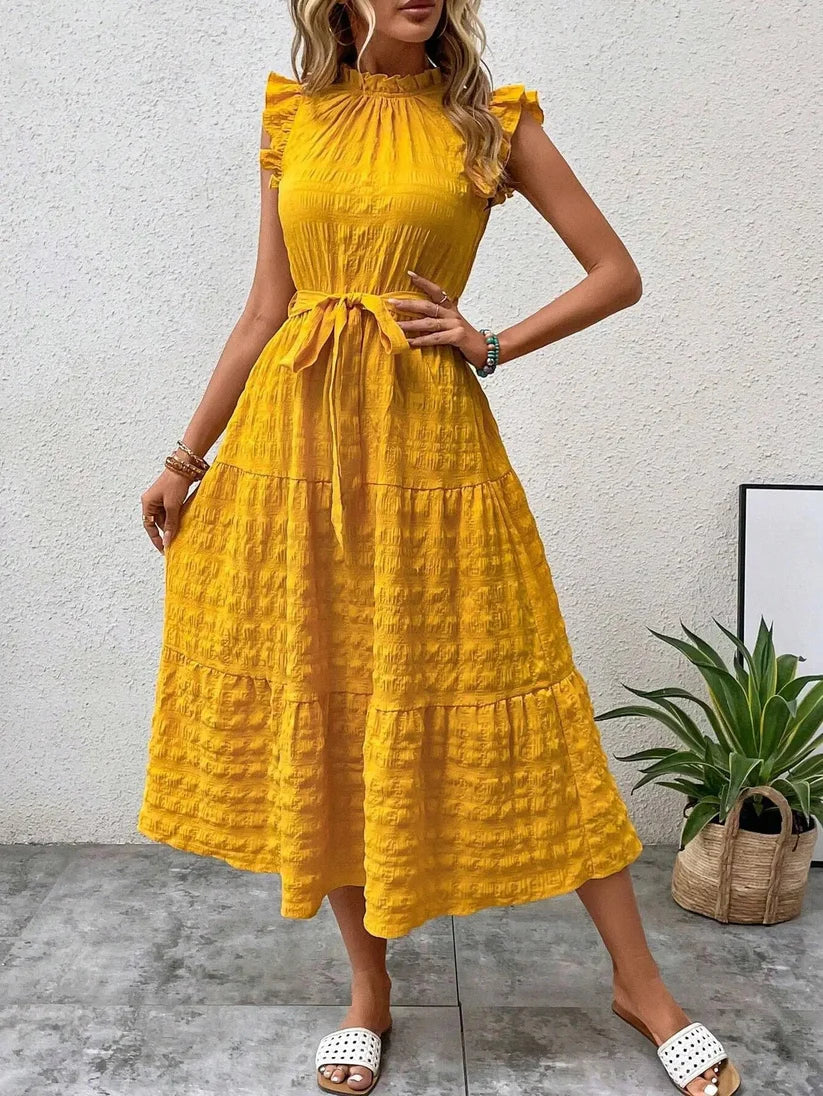 Crinkle Tie Waist Tiered Ruffle Collar Sleeveless Midi Summer Dress