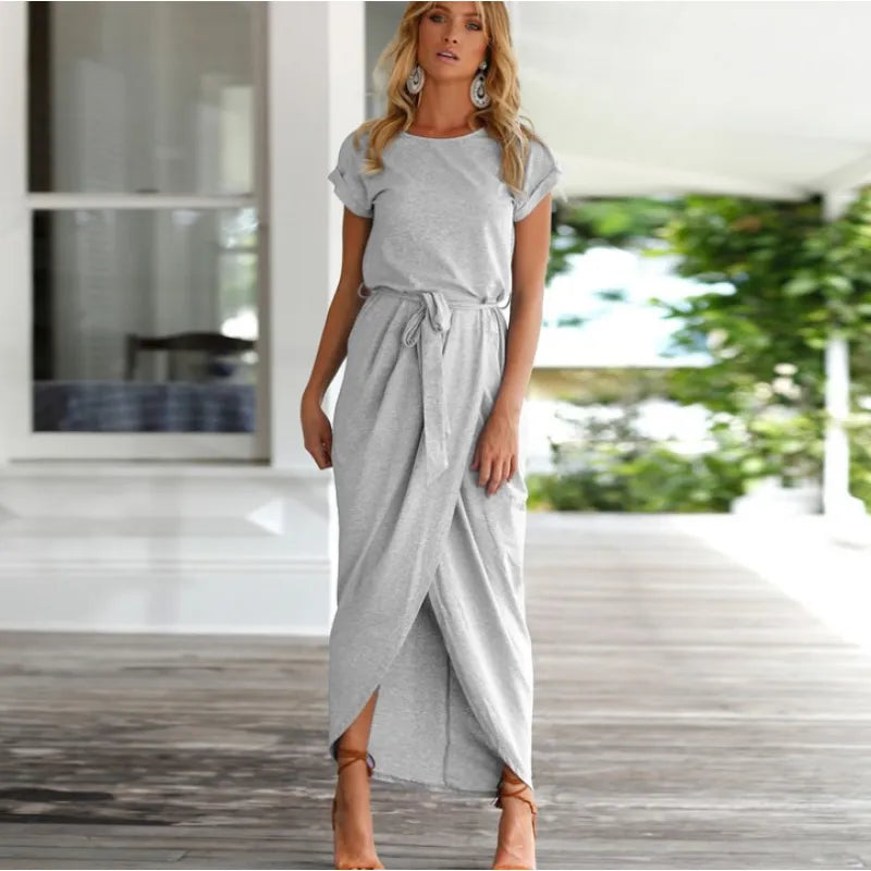 Short Sleeve Tie Waist Wrap Tulip Hem Midi Dress