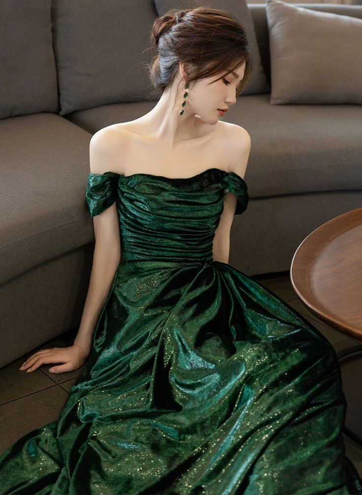 Beautiful Green Off Shoulder Evening Dress, Green Long Prom Dress cc1444