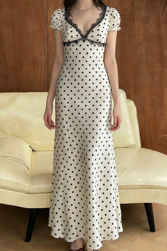 Polka Lace Trim Sleeveless Bodycon Maxi Lace Dress