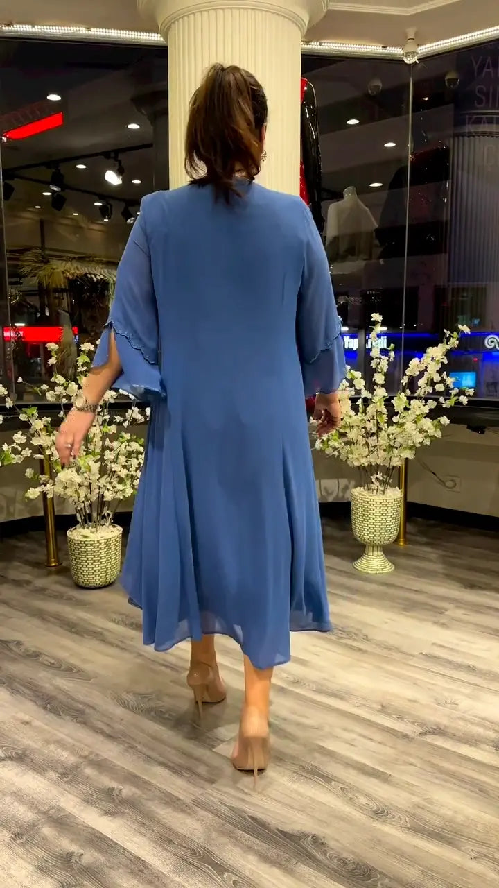 Crew Neck Three Quarter Sleeve Floral Applique Chiffon A-Line Midi Dress