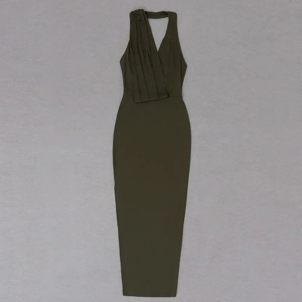 Draped Plunge Halter Neck Backless High Split Maxi Dress 8