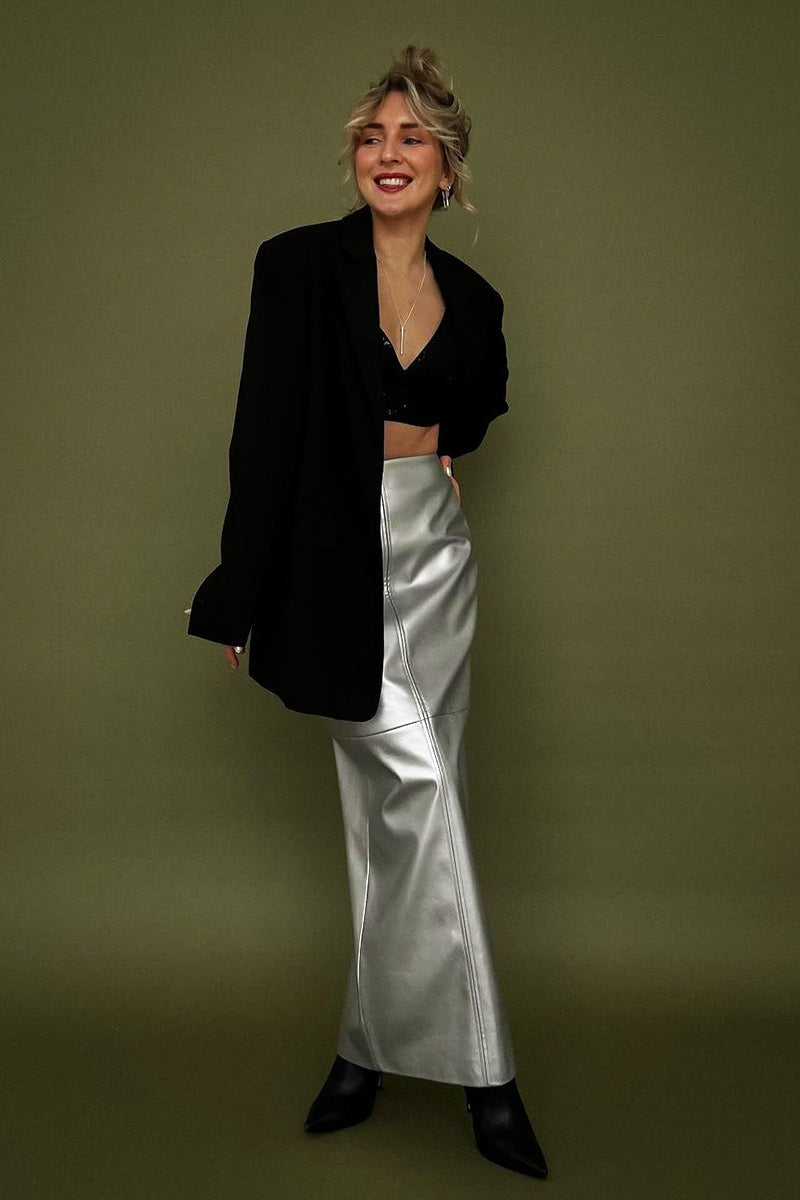 Shiny PU Leather Side Slit Pencil Skirt