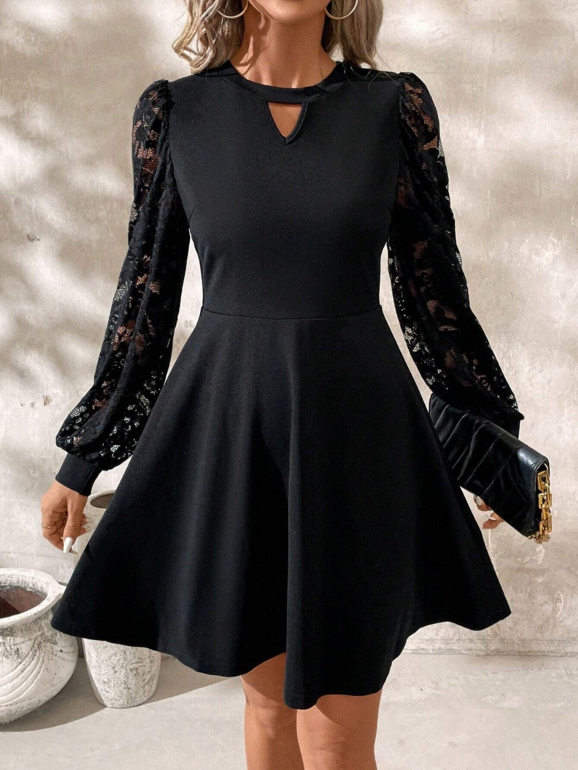 Keyhole Neck Lace Lantern Sleeve Fit and Flare Mini Dress 2