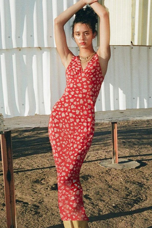Deep V-Neck Floral Dress