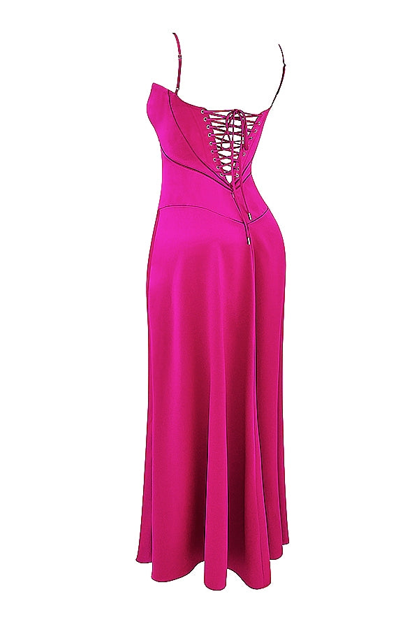 Satin Square Neck Corset Seam Spaghetti Strap Flowy Maxi Dress 20