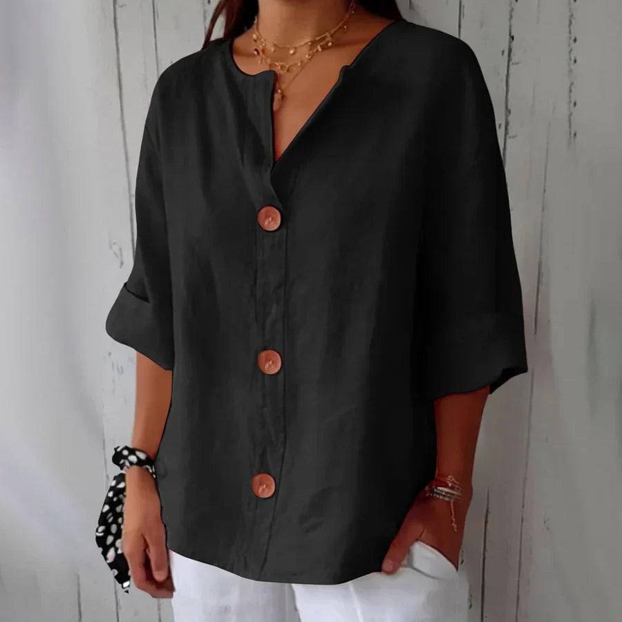Button Front Notch Neck Half Sleeve Linen Blouse