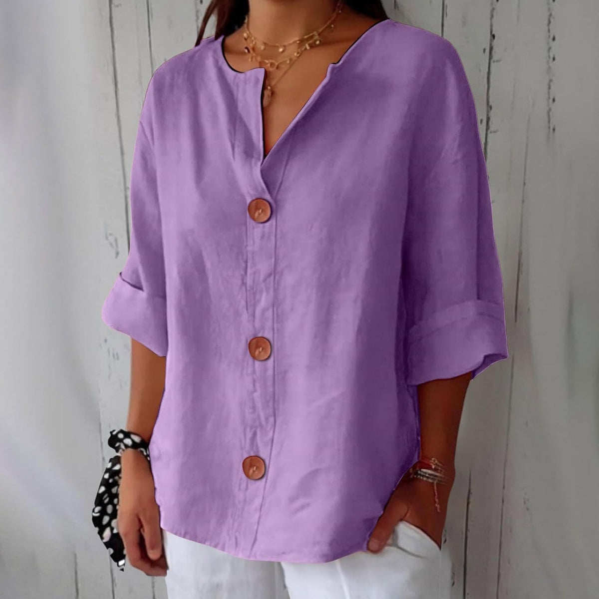 Split Neck Roll Sleeve Button Front Blouse