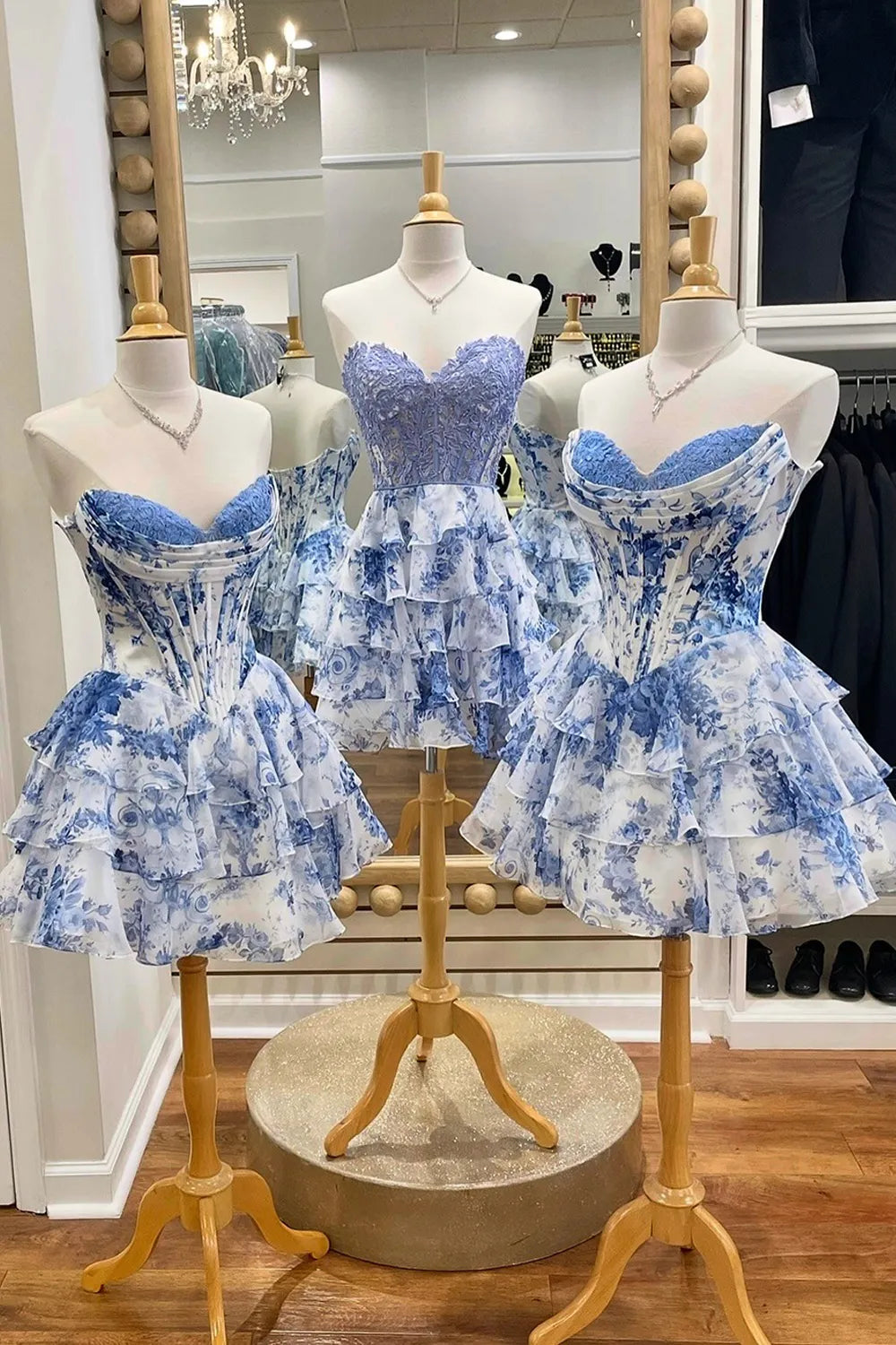 Gorgeous A Line Sweetheart Blue Printed Short Homecoming Dress with Ruffles